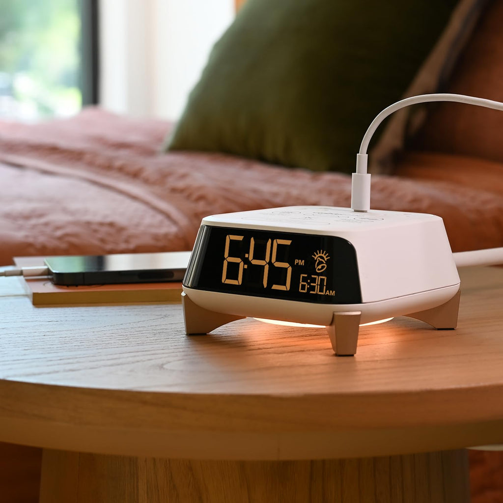 Brandstand CubieTime Zen | Alarm Clock Charger with White Noise and Sunrise Alarm | 2 USB-C Ports | 2 Tamper Resistant Outlets | Night Light