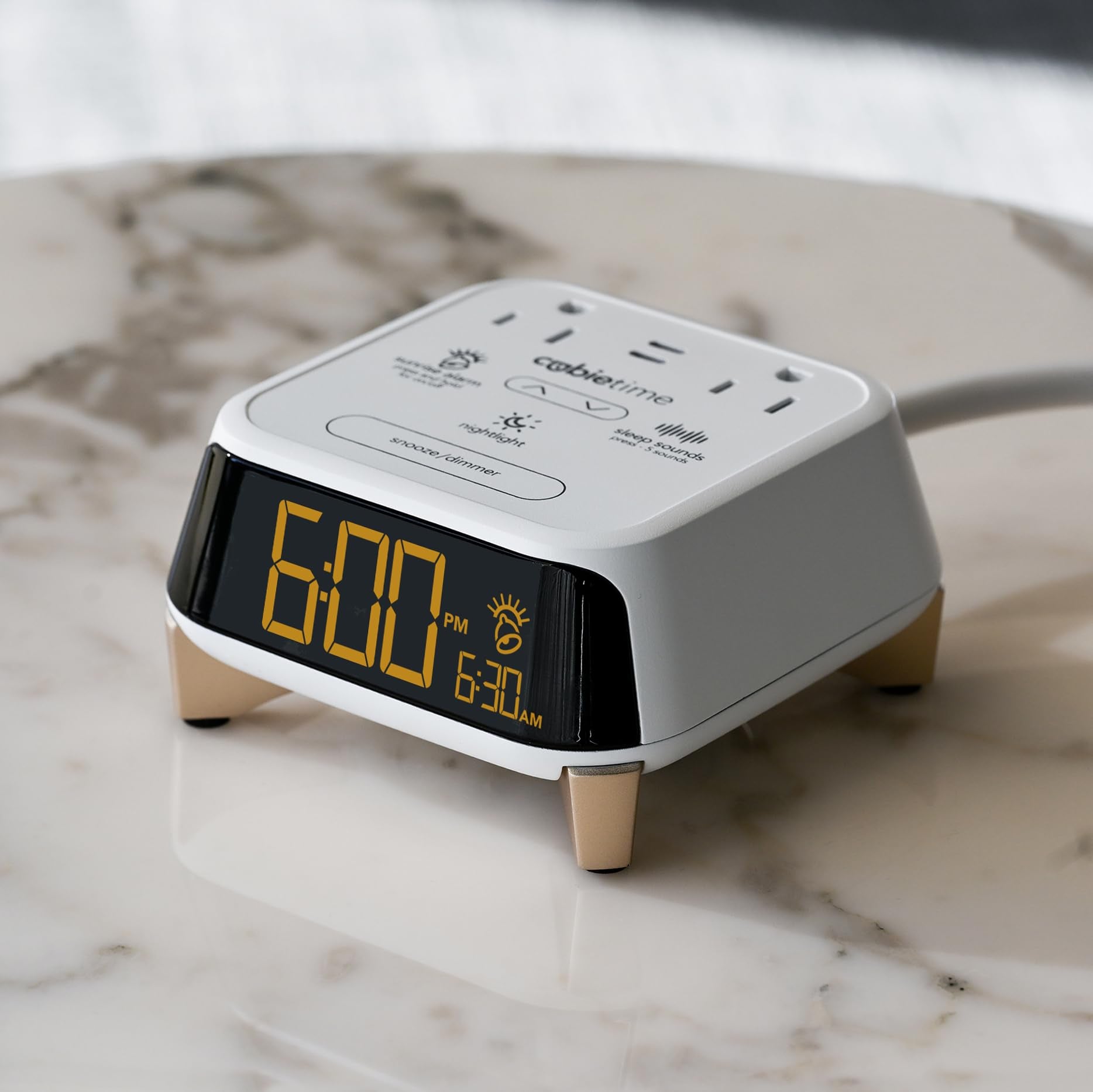Brandstand CubieTime Zen | Alarm Clock Charger with White Noise and Sunrise Alarm | 2 USB-C Ports | 2 Tamper Resistant Outlets | Night Light