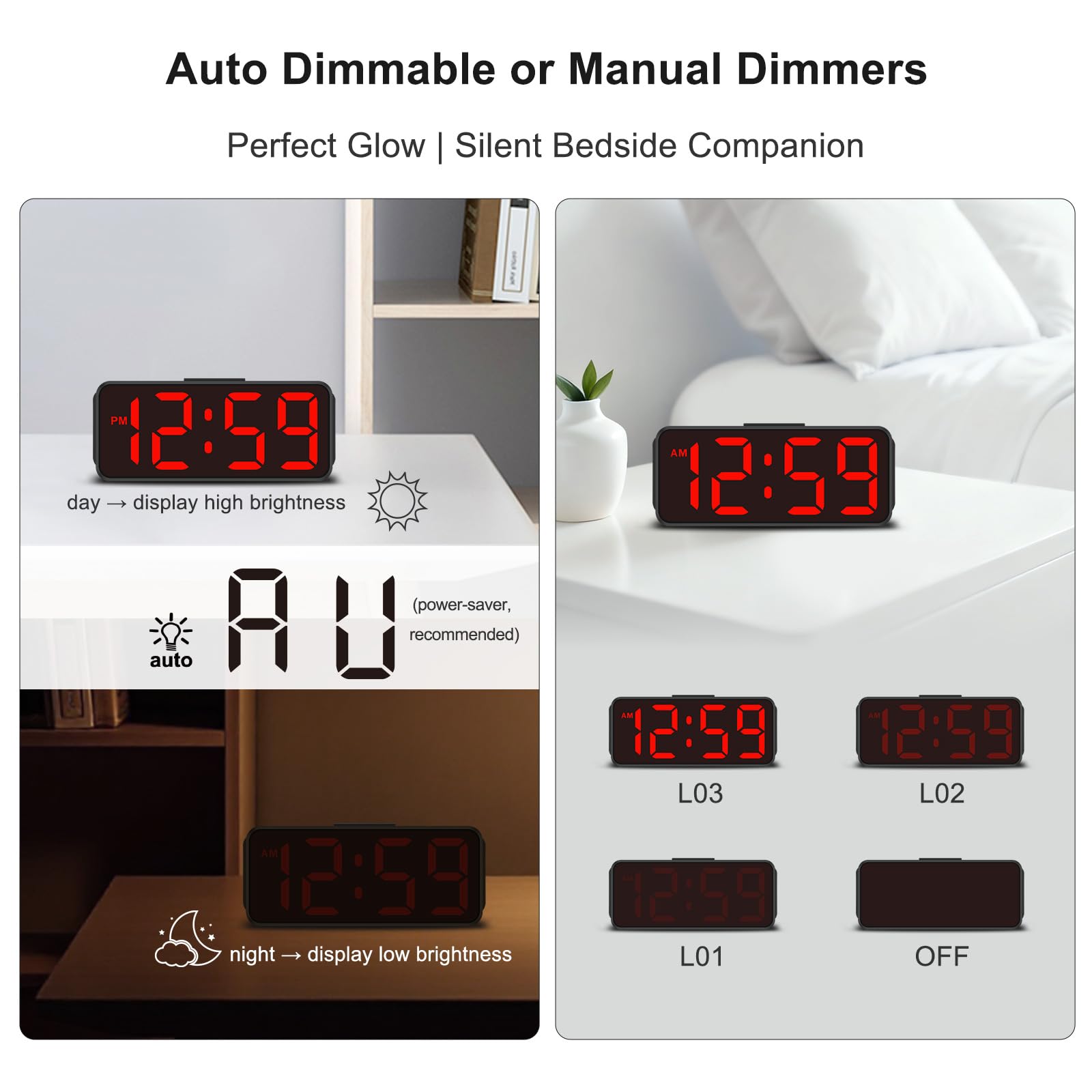 Peakeep Small Battery Powered Digital Alarm Clocks for Bedrooms Bedside, Cordless Tiny Travel Portable Desk Clock, Large Numbers Auto Dimmable, LED Display 4 Dimmers, 5 Alarm Volumes