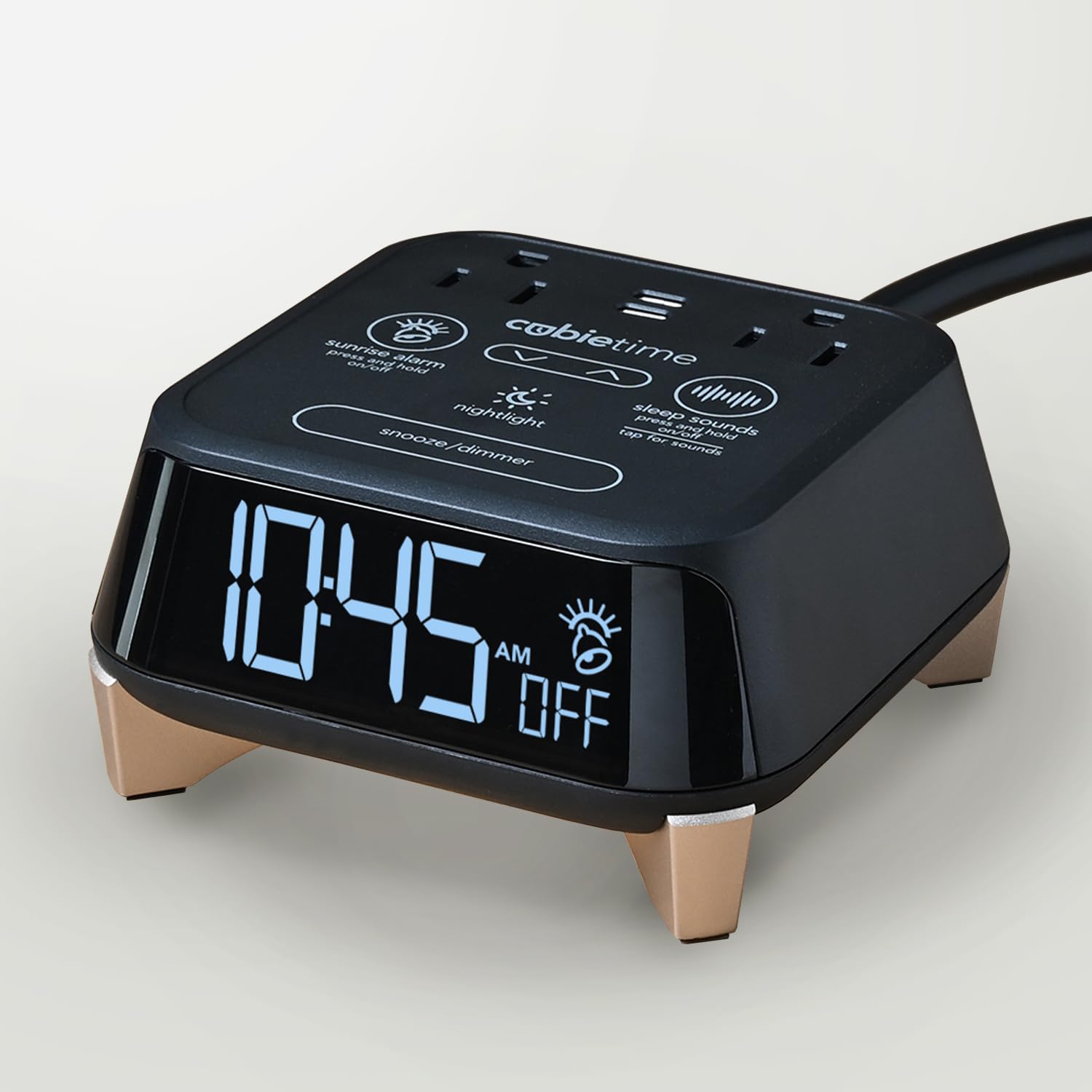Brandstand CubieTime Zen | Alarm Clock Charger with White Noise and Sunrise Alarm | 2 USB-C Ports | 2 Tamper Resistant Outlets | Night Light