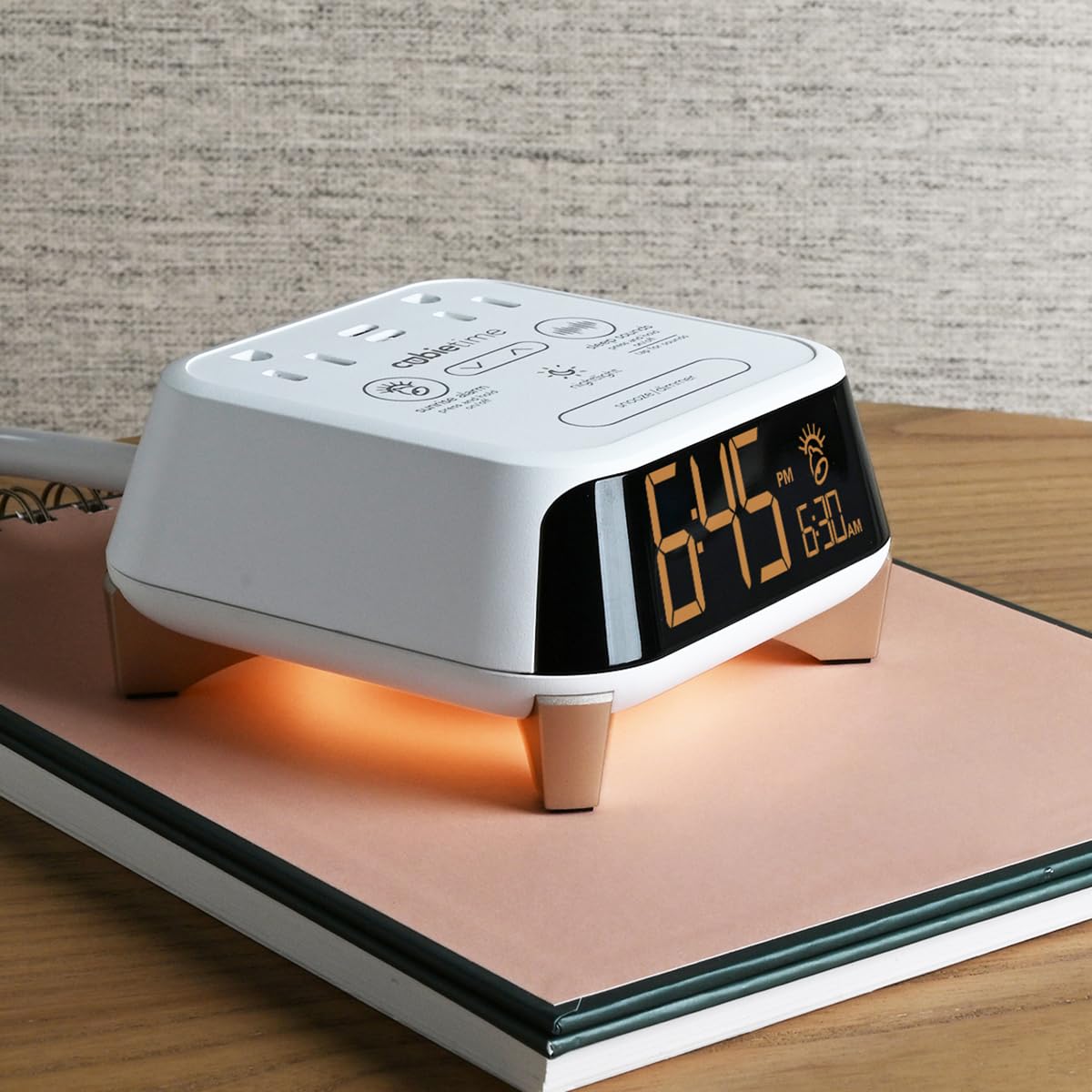 Brandstand CubieTime Zen | Alarm Clock Charger with White Noise and Sunrise Alarm | 2 USB-C Ports | 2 Tamper Resistant Outlets | Night Light
