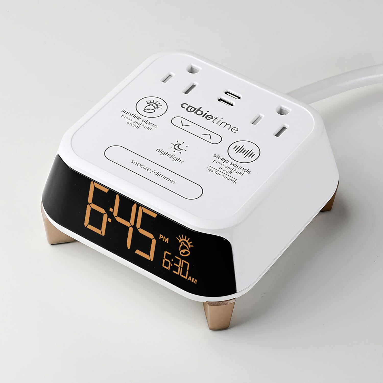 Brandstand CubieTime Zen | Alarm Clock Charger with White Noise and Sunrise Alarm | 2 USB-C Ports | 2 Tamper Resistant Outlets | Night Light