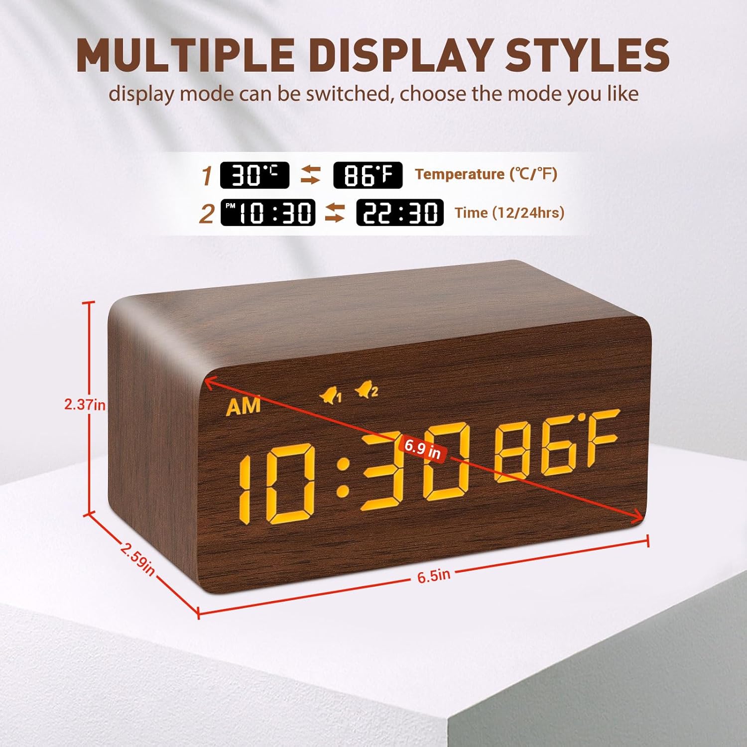 MOSITO Digital Wooden Alarm Clock with Wireless Charging, 0-100% Dimmer, Dual Alarm, Weekday/Weekend Mode, Snooze, Wood LED Clocks for Bedroom, Bedside, Desk, Kids (White)