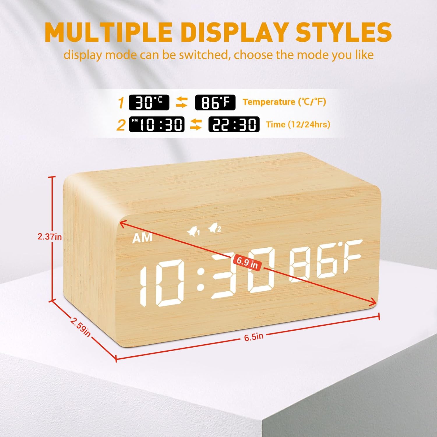MOSITO Digital Wooden Alarm Clock with Wireless Charging, 0-100% Dimmer, Dual Alarm, Weekday/Weekend Mode, Snooze, Wood LED Clocks for Bedroom, Bedside, Desk, Kids (White)