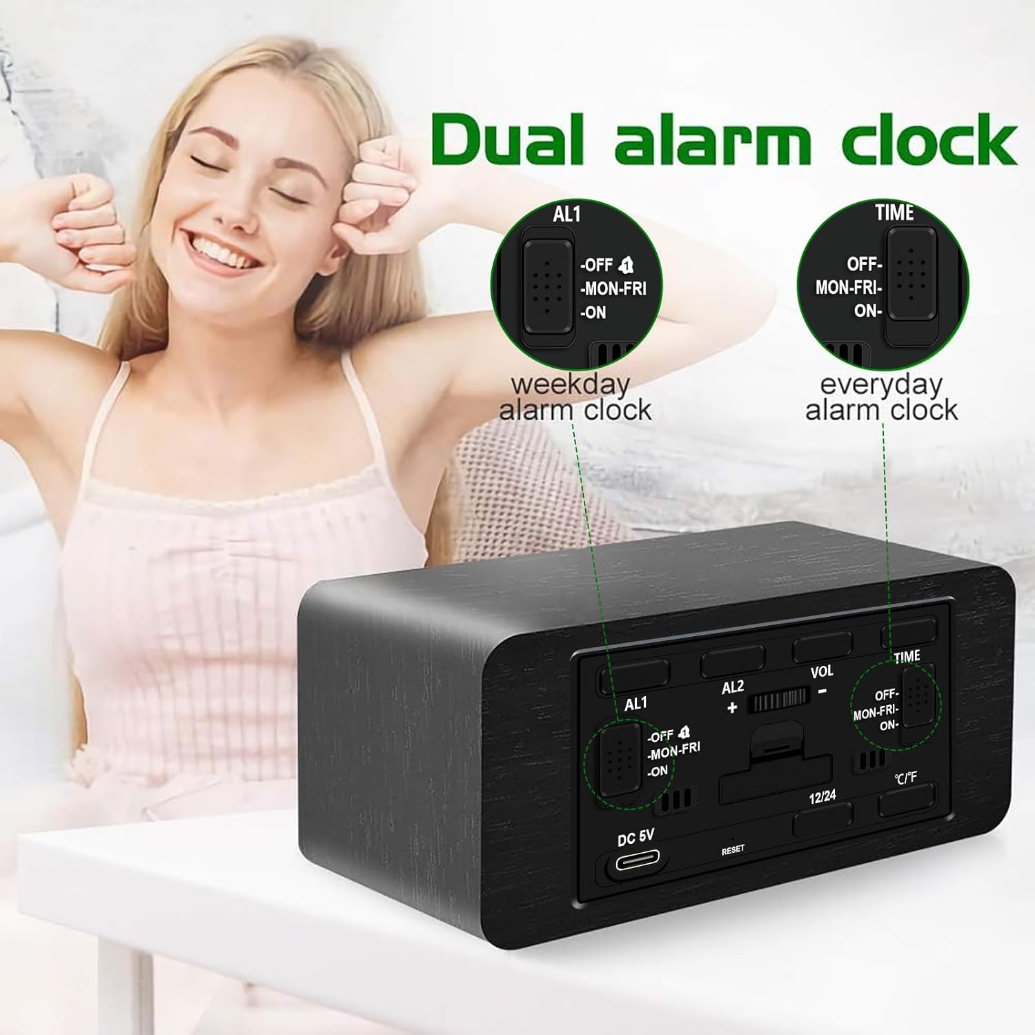 MOSITO Digital Wooden Alarm Clock with Wireless Charging, 0-100% Dimmer, Dual Alarm, Weekday/Weekend Mode, Snooze, Wood LED Clocks for Bedroom, Bedside, Desk, Kids (White)