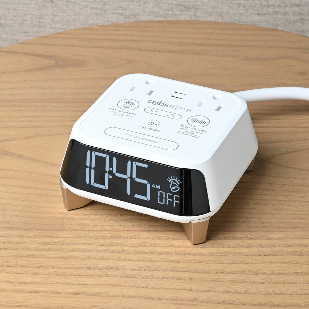 Brandstand CubieTime Zen | Alarm Clock Charger with White Noise and Sunrise Alarm | 2 USB-C Ports | 2 Tamper Resistant Outlets | Night Light