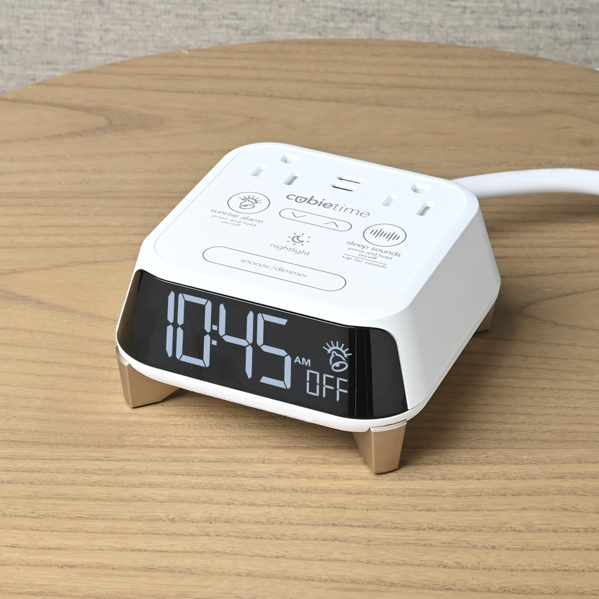 Brandstand CubieTime Zen | Alarm Clock Charger with White Noise and Sunrise Alarm | 2 USB-C Ports | 2 Tamper Resistant Outlets | Night Light