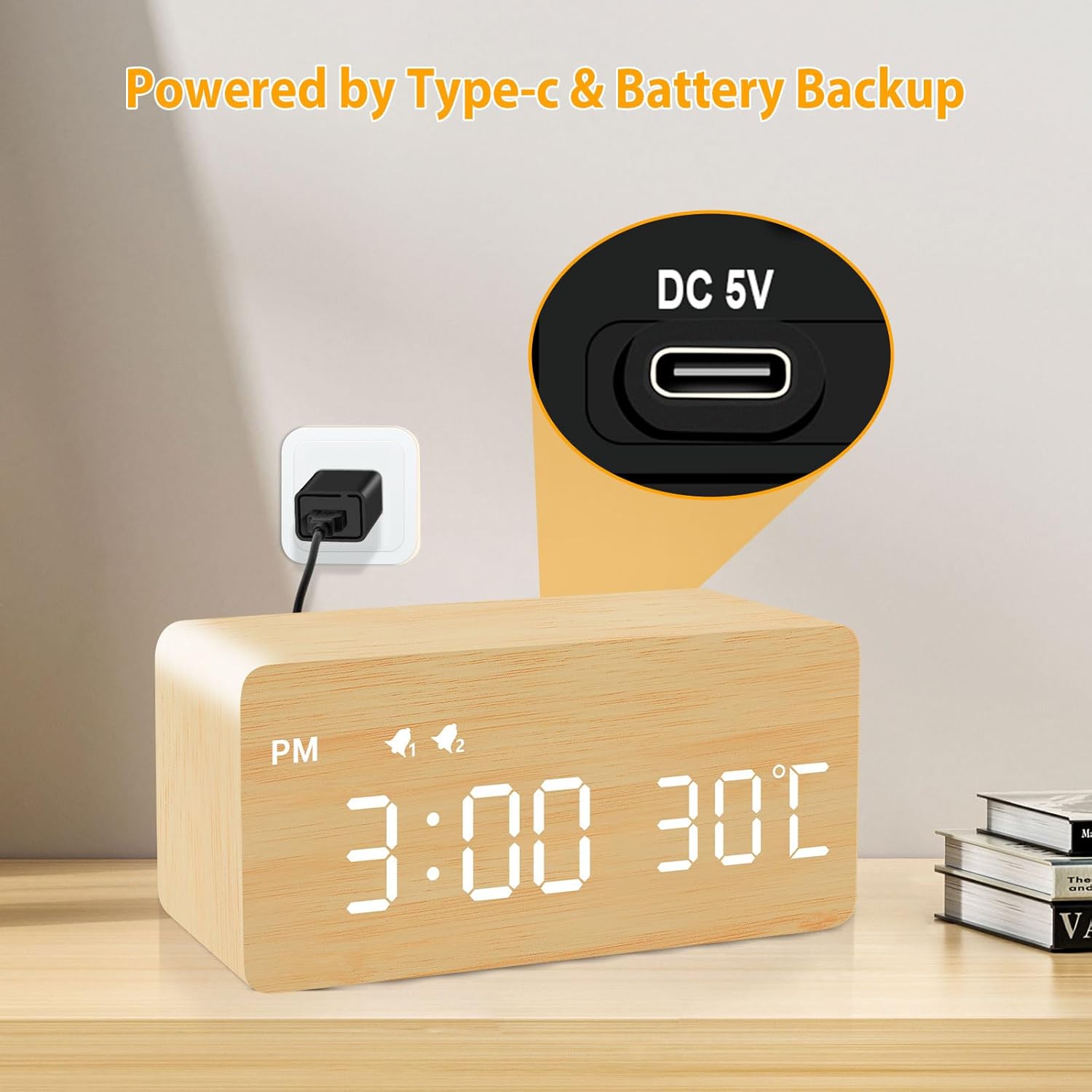 MOSITO Digital Wooden Alarm Clock with Wireless Charging, 0-100% Dimmer, Dual Alarm, Weekday/Weekend Mode, Snooze, Wood LED Clocks for Bedroom, Bedside, Desk, Kids (White)