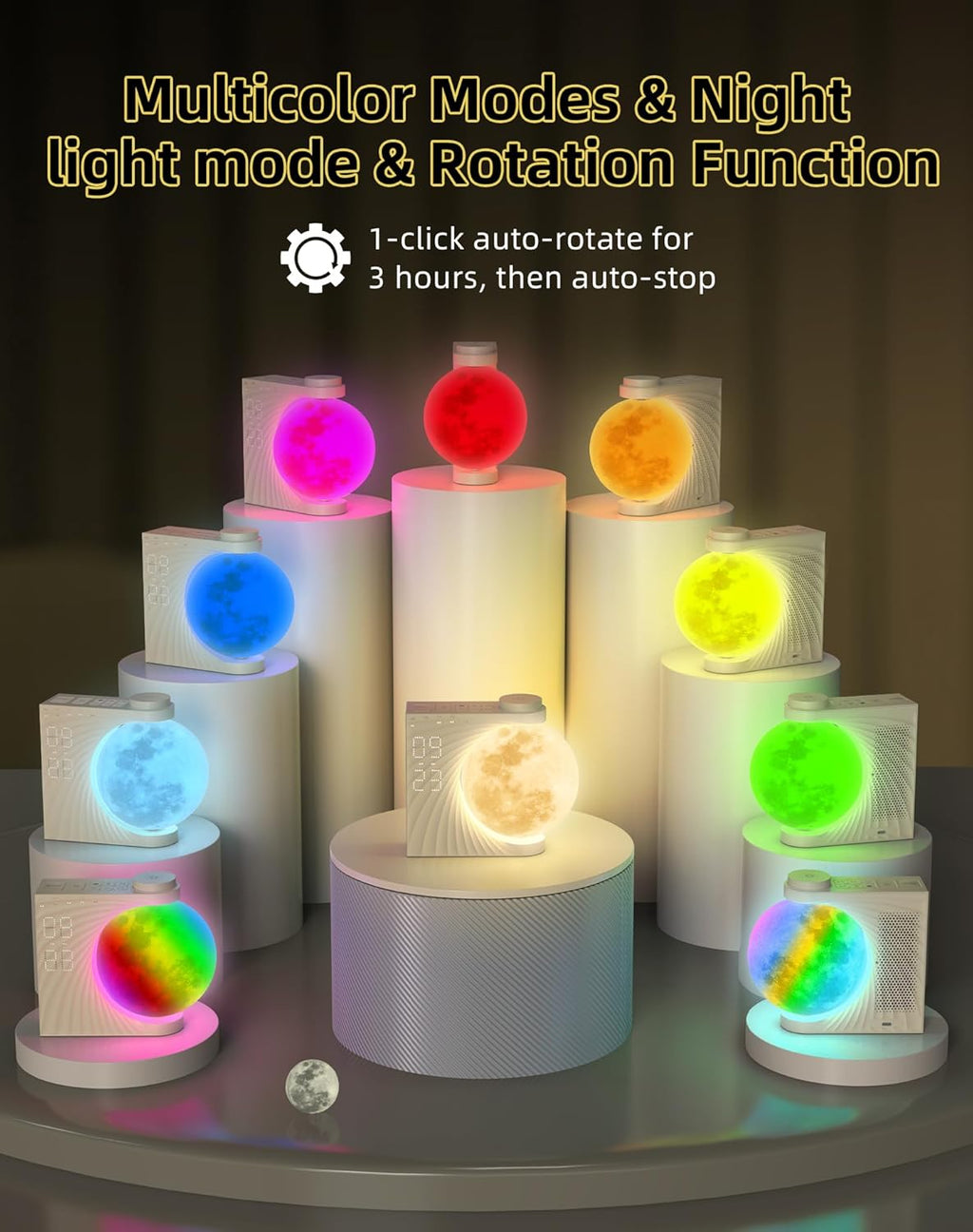 INSSISAIN Sunrise Alarm Clock for Bedrooms - Auto-Rotating Moon Lamp with Wake-Up Light & Night Light, 10 Nature Sounds, Dual Alarms for Heavy Sleepers, 30/60/90 Timer & Snooze