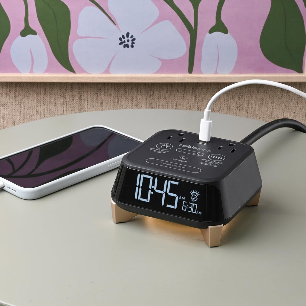 Brandstand CubieTime Zen | Alarm Clock Charger with White Noise and Sunrise Alarm | 2 USB-C Ports | 2 Tamper Resistant Outlets | Night Light