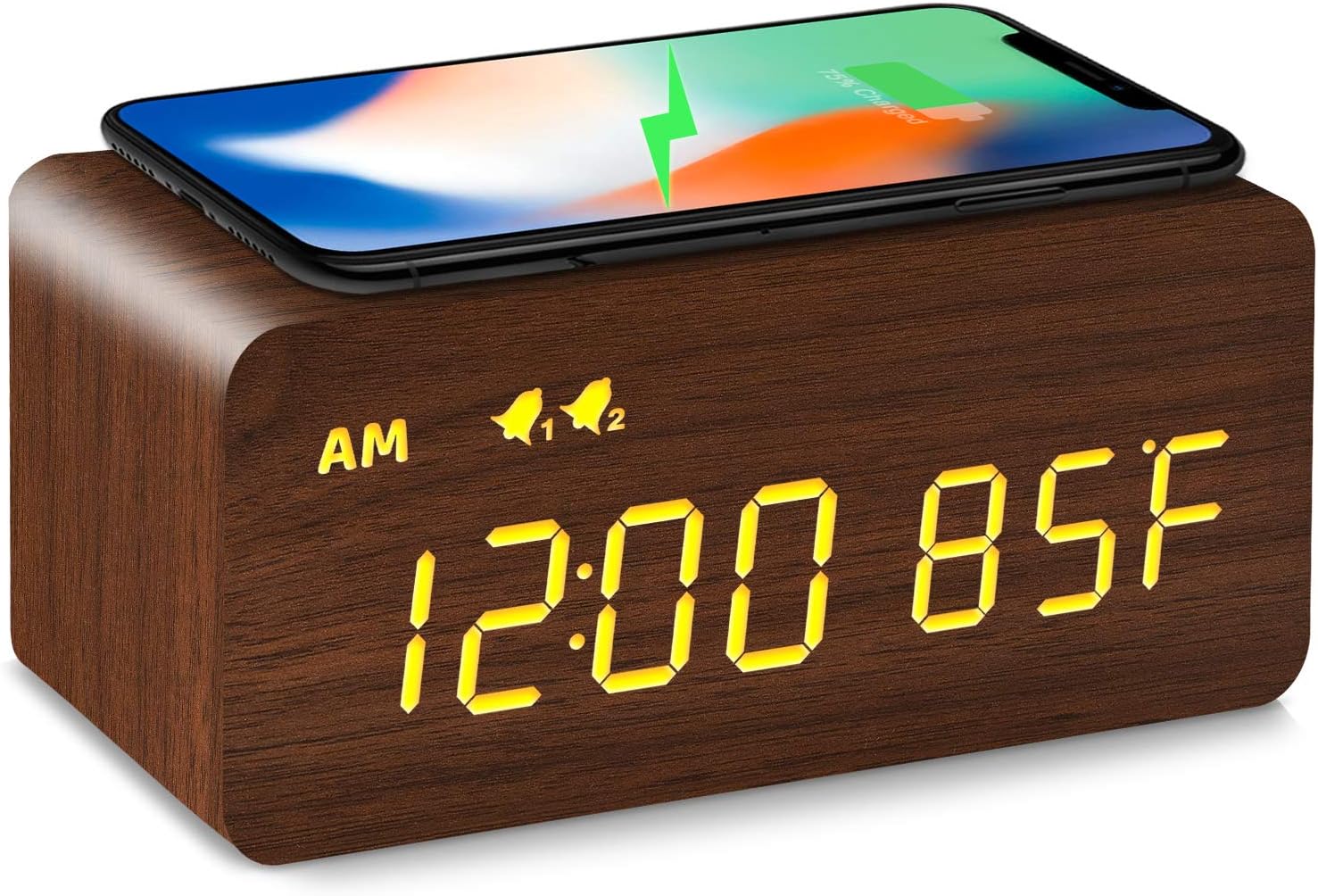 MOSITO Digital Wooden Alarm Clock with Wireless Charging, 0-100% Dimmer, Dual Alarm, Weekday/Weekend Mode, Snooze, Wood LED Clocks for Bedroom, Bedside, Desk, Kids (White)