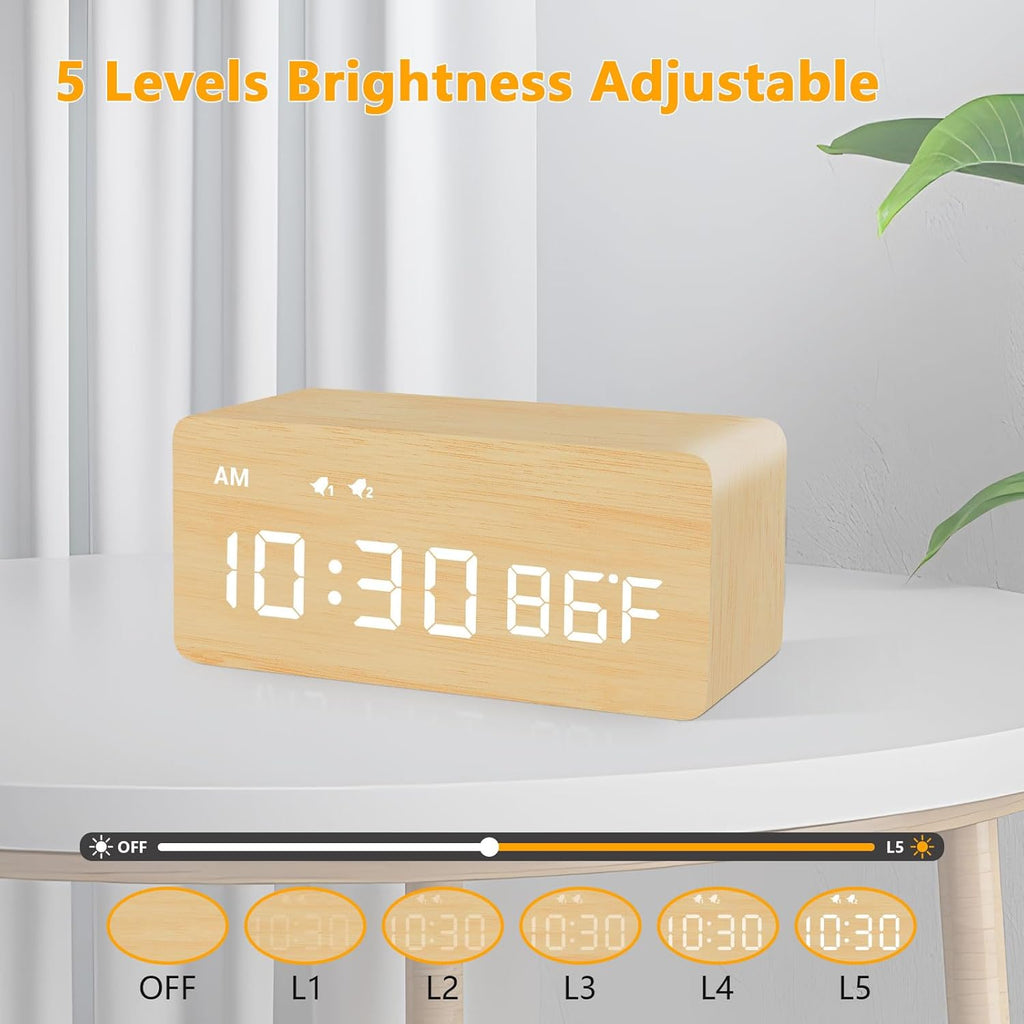 MOSITO Digital Wooden Alarm Clock with Wireless Charging, 0-100% Dimmer, Dual Alarm, Weekday/Weekend Mode, Snooze, Wood LED Clocks for Bedroom, Bedside, Desk, Kids (White)