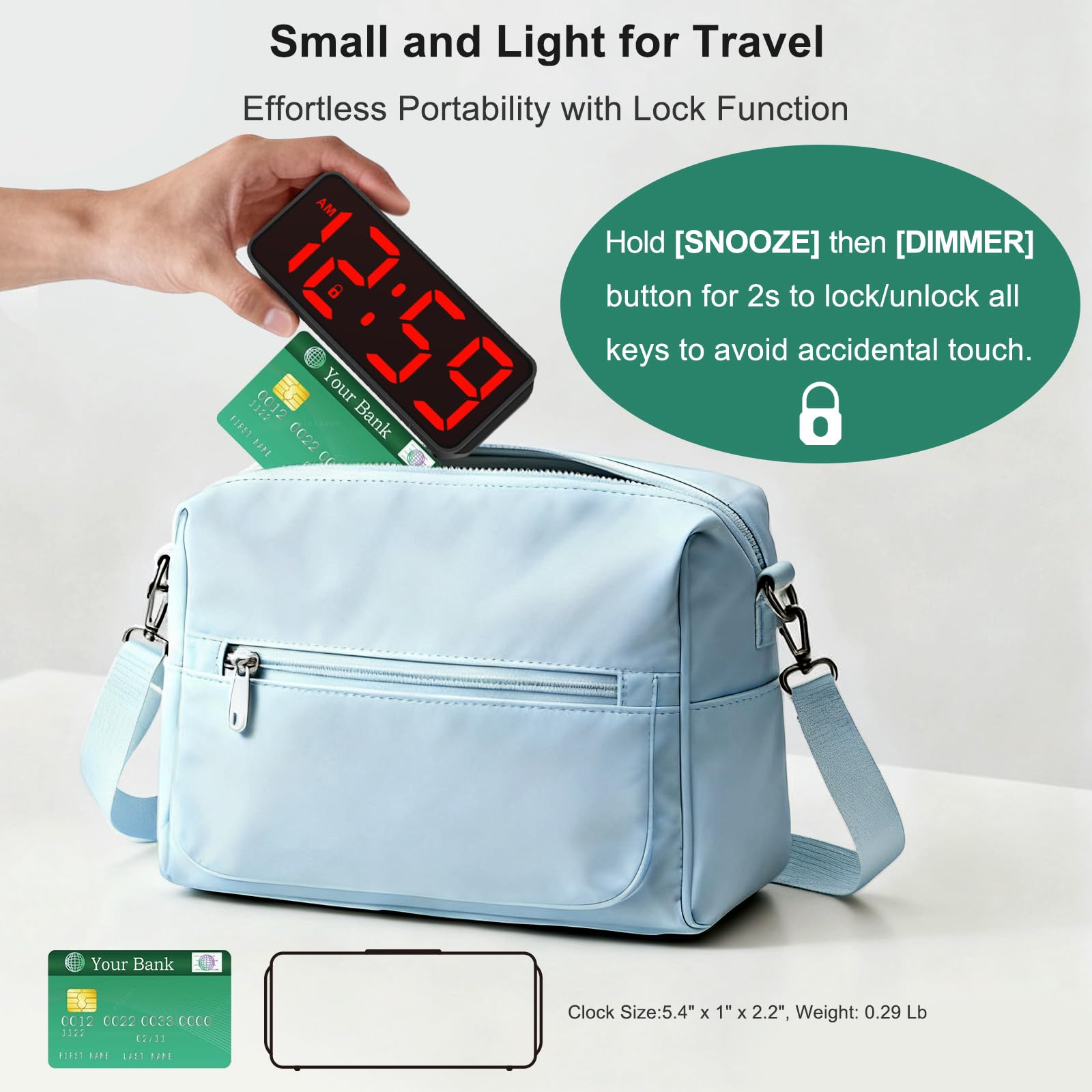 Peakeep Small Battery Powered Digital Alarm Clocks for Bedrooms Bedside, Cordless Tiny Travel Portable Desk Clock, Large Numbers Auto Dimmable, LED Display 4 Dimmers, 5 Alarm Volumes