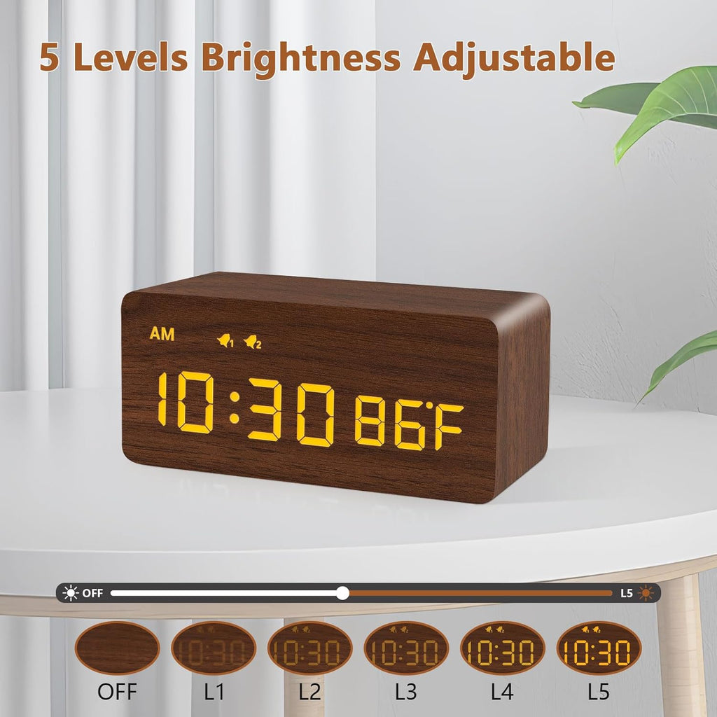 MOSITO Digital Wooden Alarm Clock with Wireless Charging, 0-100% Dimmer, Dual Alarm, Weekday/Weekend Mode, Snooze, Wood LED Clocks for Bedroom, Bedside, Desk, Kids (White)