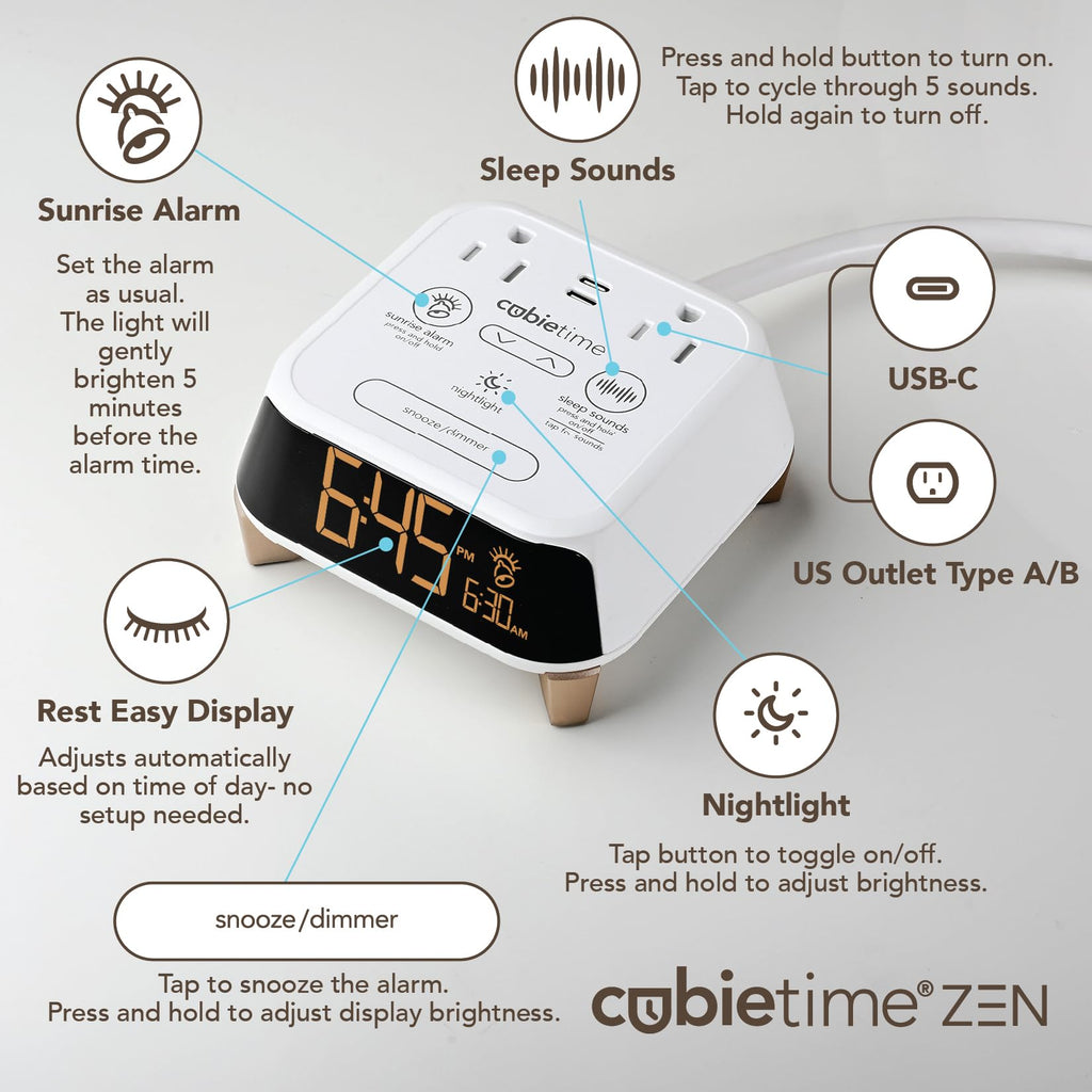 Brandstand CubieTime Zen | Alarm Clock Charger with White Noise and Sunrise Alarm | 2 USB-C Ports | 2 Tamper Resistant Outlets | Night Light