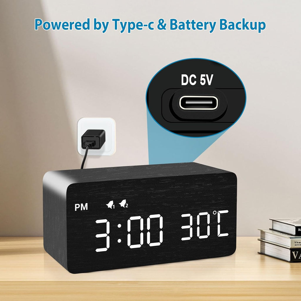 MOSITO Digital Wooden Alarm Clock with Wireless Charging, 0-100% Dimmer, Dual Alarm, Weekday/Weekend Mode, Snooze, Wood LED Clocks for Bedroom, Bedside, Desk, Kids (White)