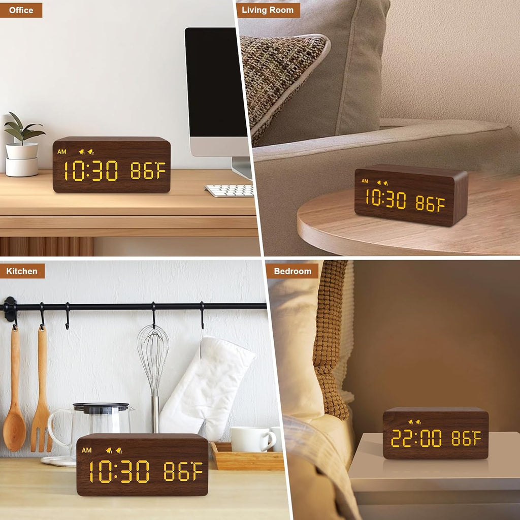 MOSITO Digital Wooden Alarm Clock with Wireless Charging, 0-100% Dimmer, Dual Alarm, Weekday/Weekend Mode, Snooze, Wood LED Clocks for Bedroom, Bedside, Desk, Kids (White)