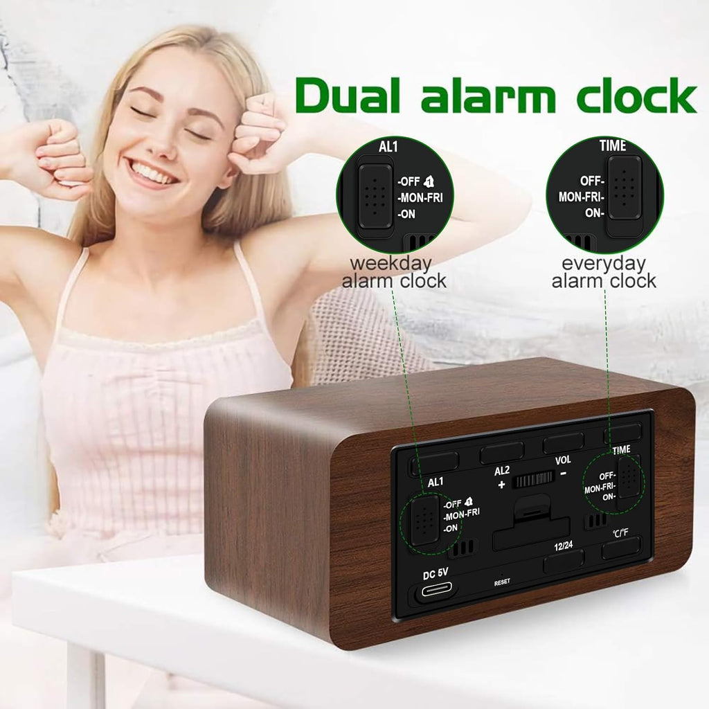 MOSITO Digital Wooden Alarm Clock with Wireless Charging, 0-100% Dimmer, Dual Alarm, Weekday/Weekend Mode, Snooze, Wood LED Clocks for Bedroom, Bedside, Desk, Kids (White)
