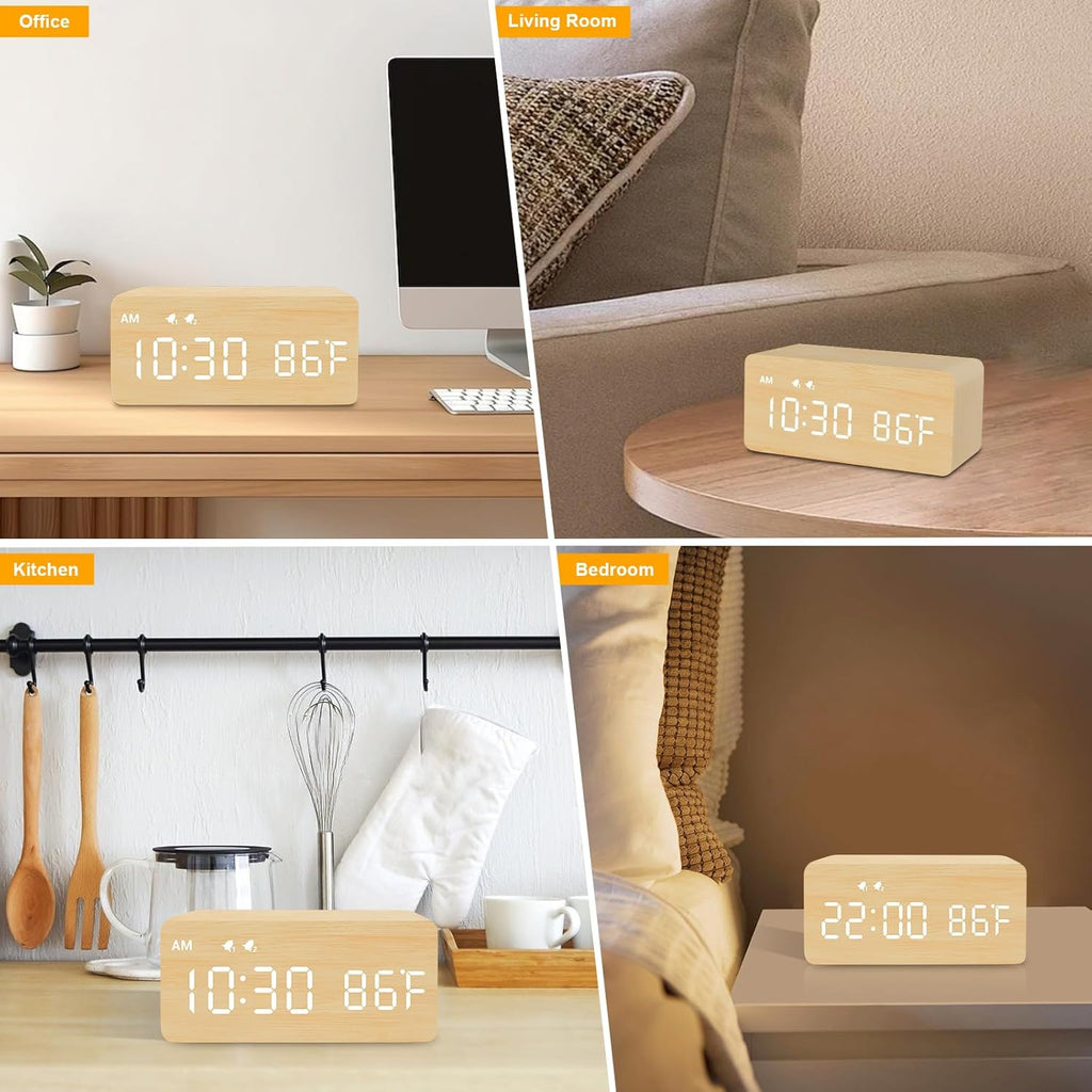 MOSITO Digital Wooden Alarm Clock with Wireless Charging, 0-100% Dimmer, Dual Alarm, Weekday/Weekend Mode, Snooze, Wood LED Clocks for Bedroom, Bedside, Desk, Kids (White)
