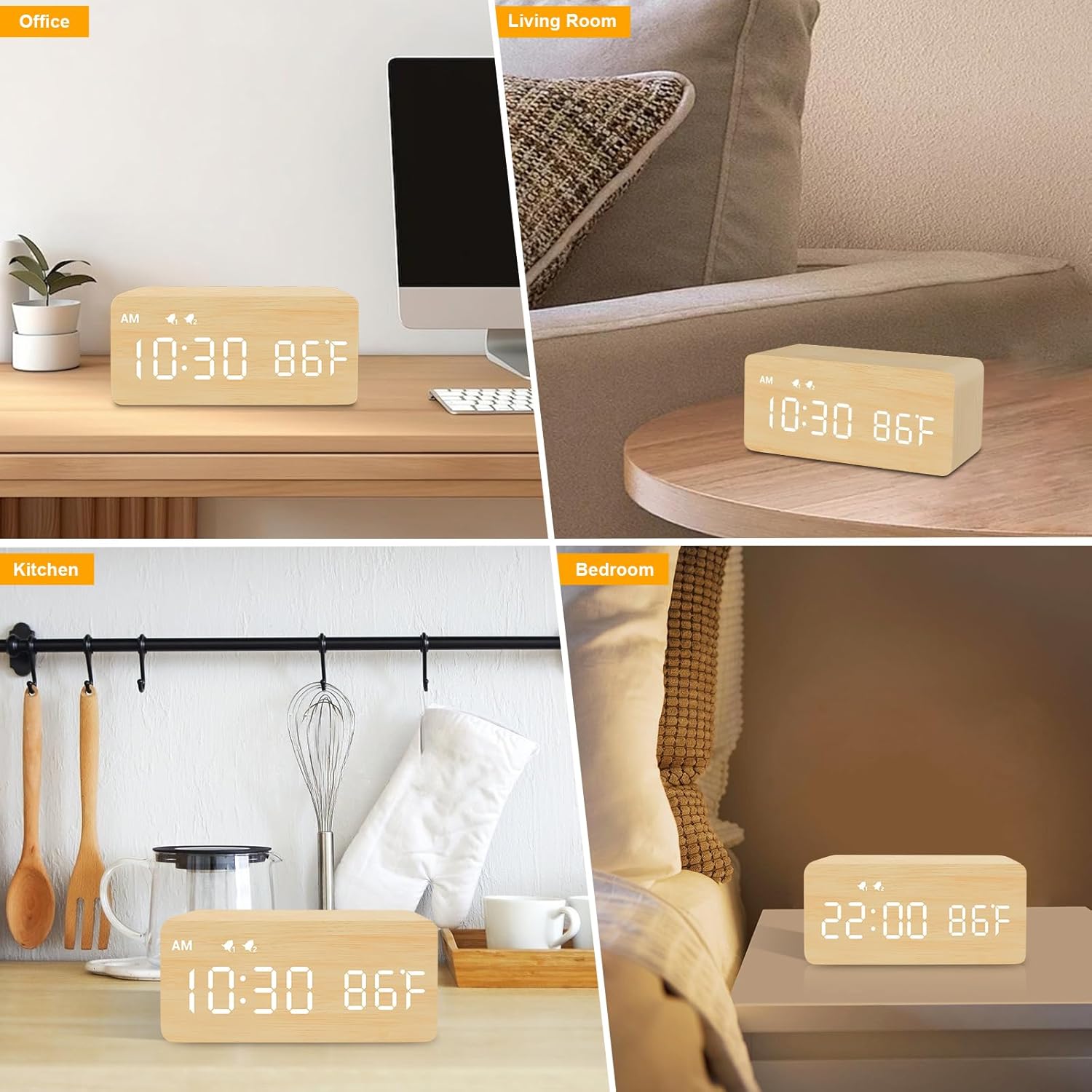 MOSITO Digital Wooden Alarm Clock with Wireless Charging, 0-100% Dimmer, Dual Alarm, Weekday/Weekend Mode, Snooze, Wood LED Clocks for Bedroom, Bedside, Desk, Kids (White)