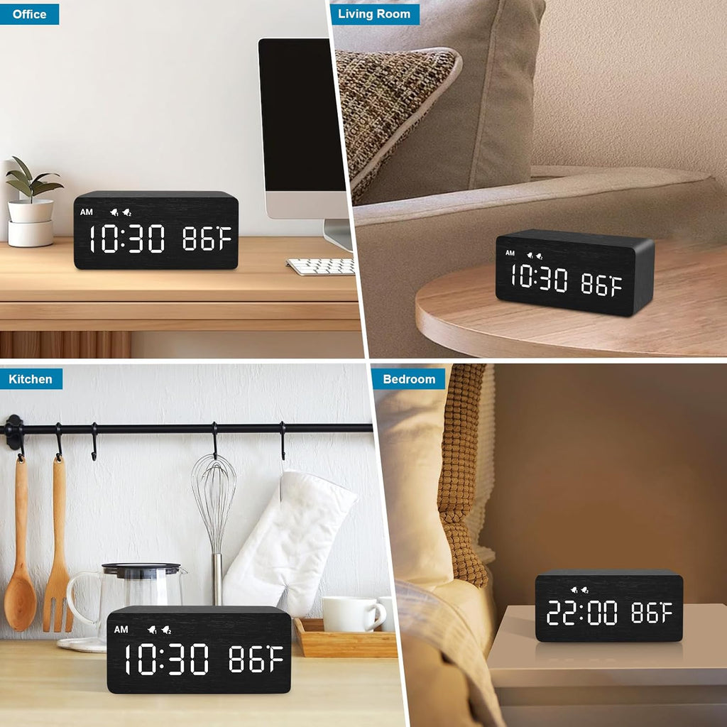 MOSITO Digital Wooden Alarm Clock with Wireless Charging, 0-100% Dimmer, Dual Alarm, Weekday/Weekend Mode, Snooze, Wood LED Clocks for Bedroom, Bedside, Desk, Kids (White)