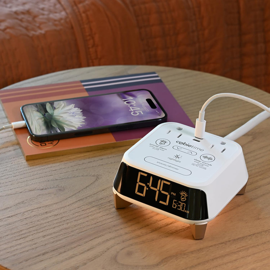 Brandstand CubieTime Zen | Alarm Clock Charger with White Noise and Sunrise Alarm | 2 USB-C Ports | 2 Tamper Resistant Outlets | Night Light