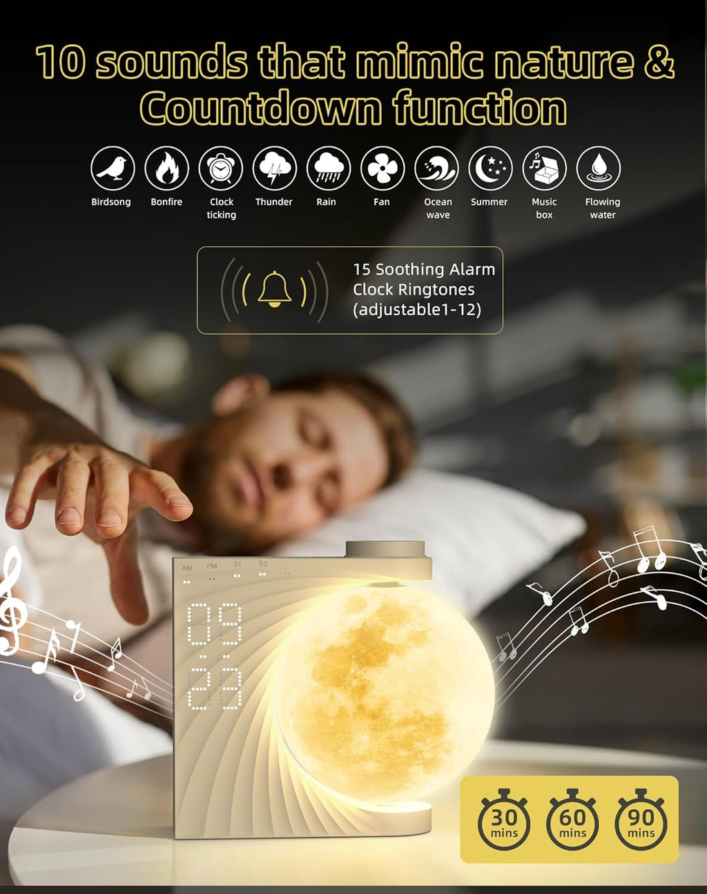 INSSISAIN Sunrise Alarm Clock for Bedrooms - Auto-Rotating Moon Lamp with Wake-Up Light & Night Light, 10 Nature Sounds, Dual Alarms for Heavy Sleepers, 30/60/90 Timer & Snooze