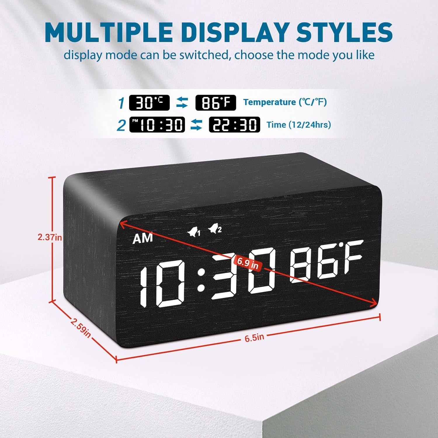 MOSITO Digital Wooden Alarm Clock with Wireless Charging, 0-100% Dimmer, Dual Alarm, Weekday/Weekend Mode, Snooze, Wood LED Clocks for Bedroom, Bedside, Desk, Kids (White)