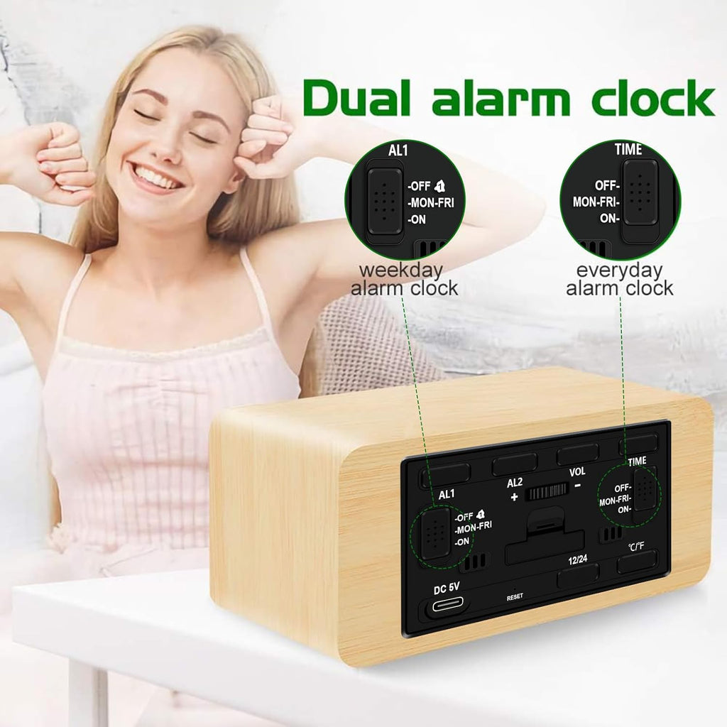 MOSITO Digital Wooden Alarm Clock with Wireless Charging, 0-100% Dimmer, Dual Alarm, Weekday/Weekend Mode, Snooze, Wood LED Clocks for Bedroom, Bedside, Desk, Kids (White)