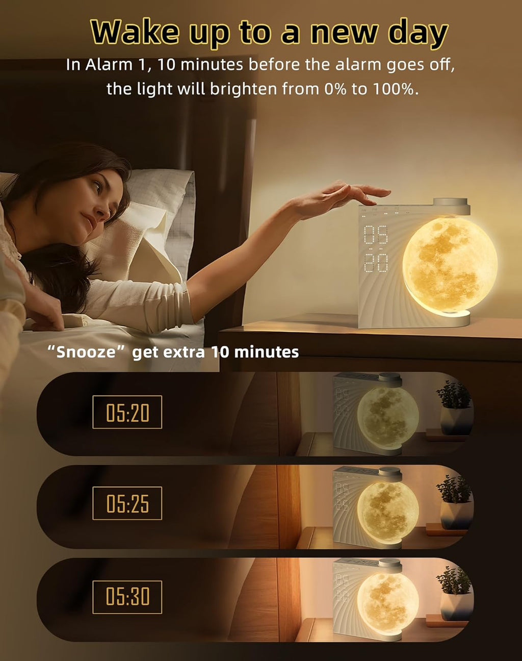 INSSISAIN Sunrise Alarm Clock for Bedrooms - Auto-Rotating Moon Lamp with Wake-Up Light & Night Light, 10 Nature Sounds, Dual Alarms for Heavy Sleepers, 30/60/90 Timer & Snooze