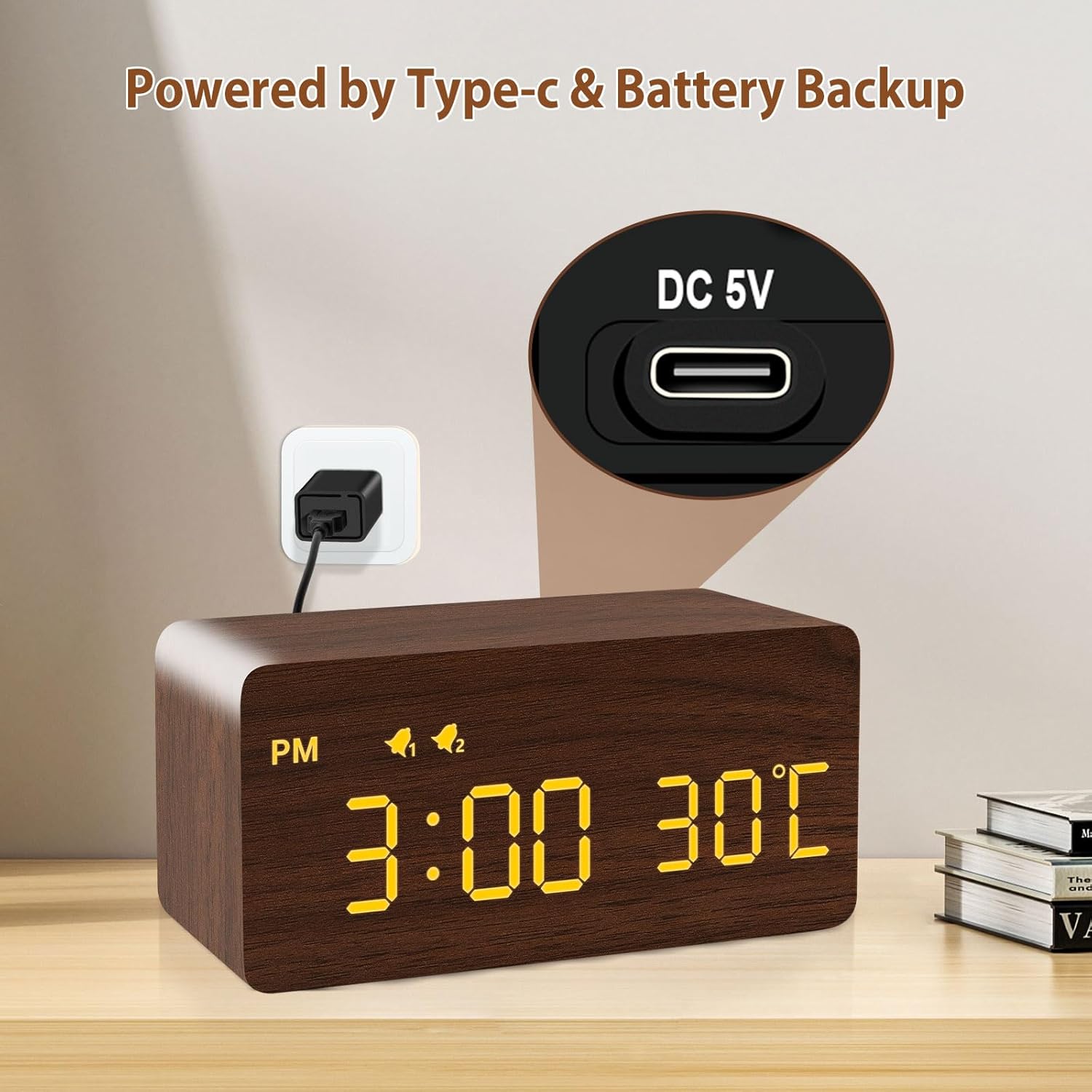 MOSITO Digital Wooden Alarm Clock with Wireless Charging, 0-100% Dimmer, Dual Alarm, Weekday/Weekend Mode, Snooze, Wood LED Clocks for Bedroom, Bedside, Desk, Kids (White)