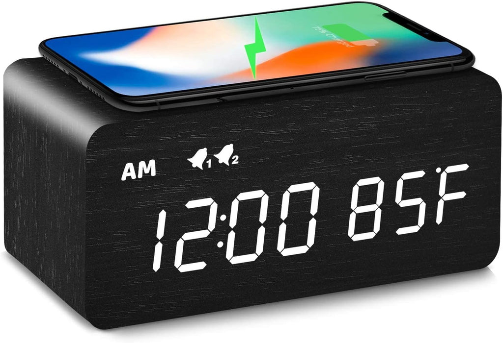 MOSITO Digital Wooden Alarm Clock with Wireless Charging, 0-100% Dimmer, Dual Alarm, Weekday/Weekend Mode, Snooze, Wood LED Clocks for Bedroom, Bedside, Desk, Kids (White)
